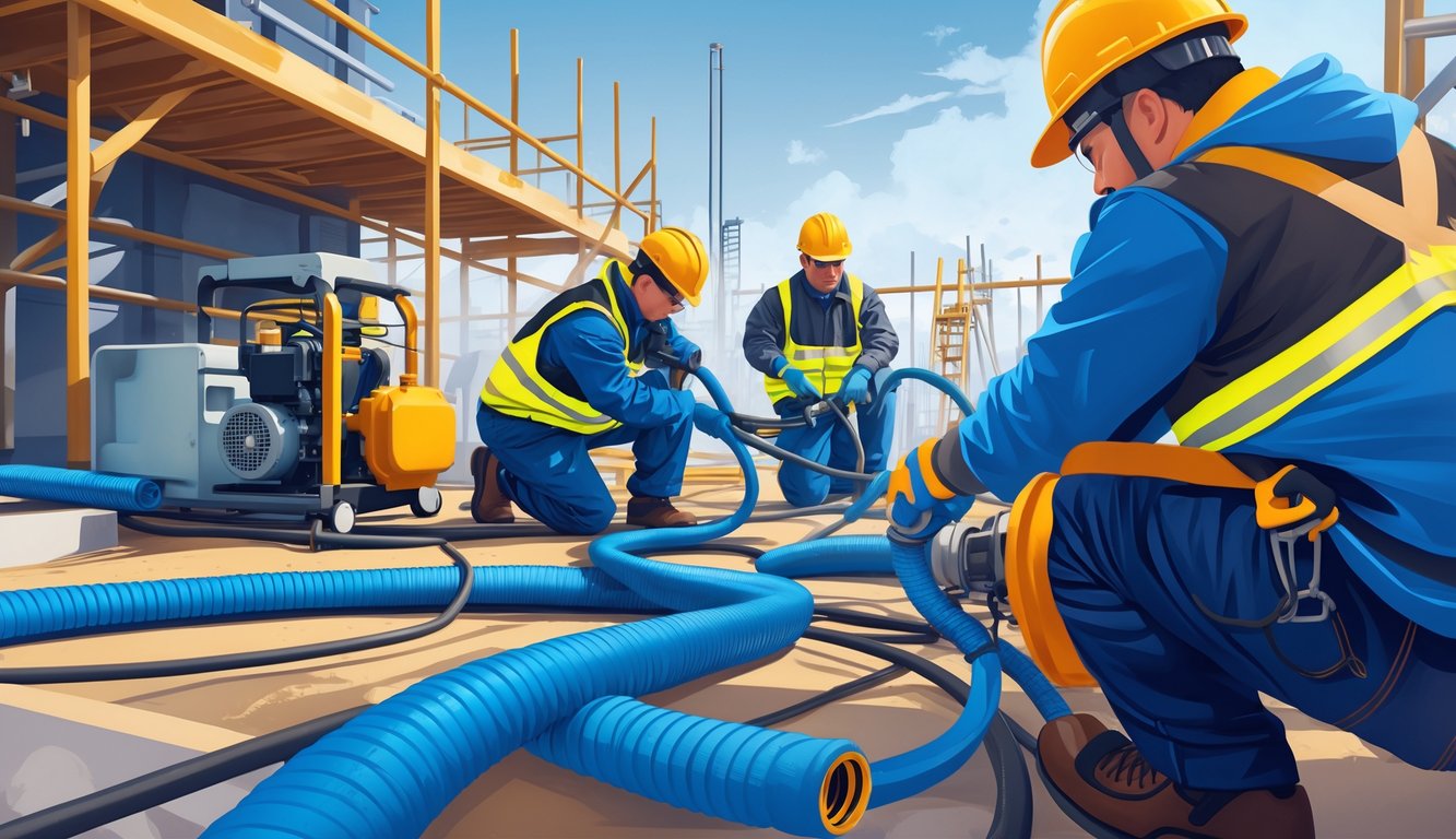 Contractors wearing safety gear working with durable hoses at a construction site with machinery and building structures in the background.