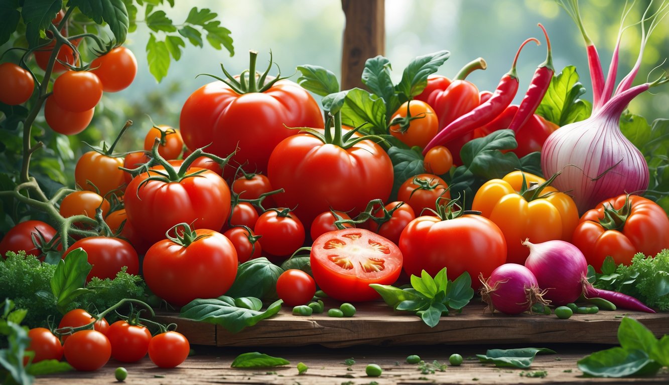 An assortment of ripe tomatoes and various red vegetables arranged on a wooden table with fresh green leaves.