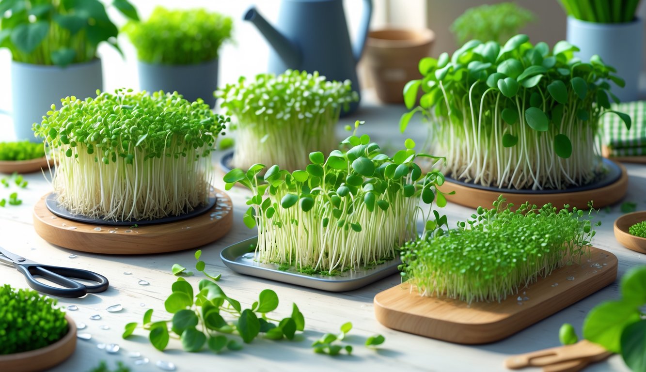 A variety of fresh sprouts and microgreens arranged on a wooden surface with gardening tools nearby, highlighting their freshness and diversity.