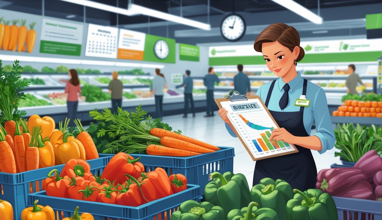 A grocer in a store produce section examines charts about vegetable harvest timing while standing near fresh vegetables and customers shop nearby.