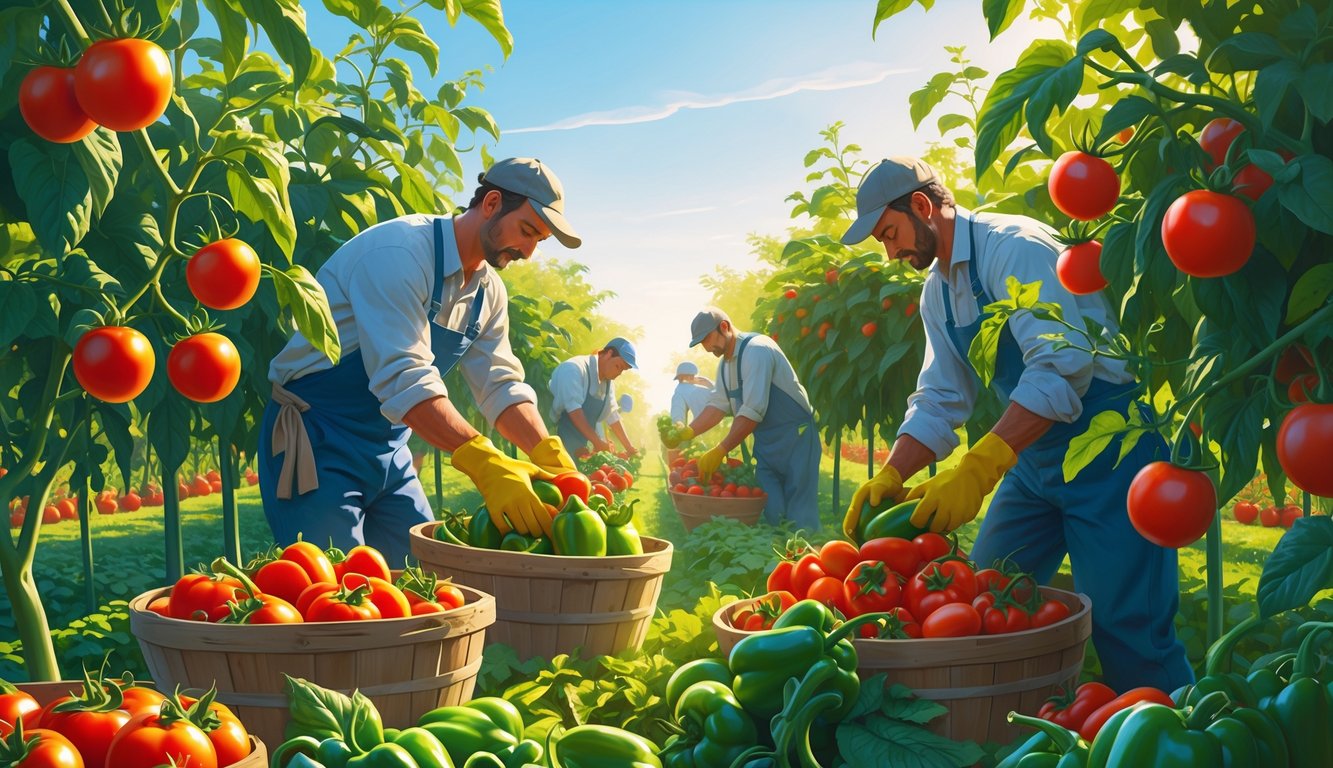 Farmers harvesting ripe tomatoes and peppers from plants in a vegetable farm.