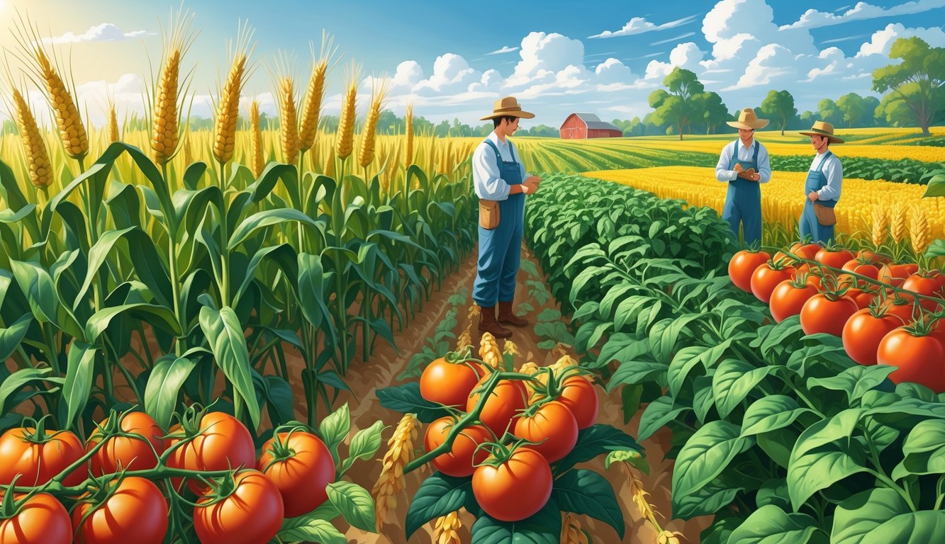 Farmers inspecting healthy rows of disease-resistant crops including wheat, corn, soybeans, and tomatoes on a sunny farm.