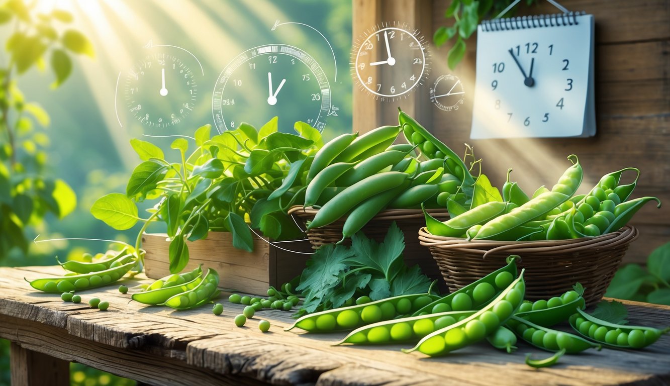 A variety of fresh green vegetables like beans and peas arranged on a wooden table with visual elements suggesting timing and harvest.