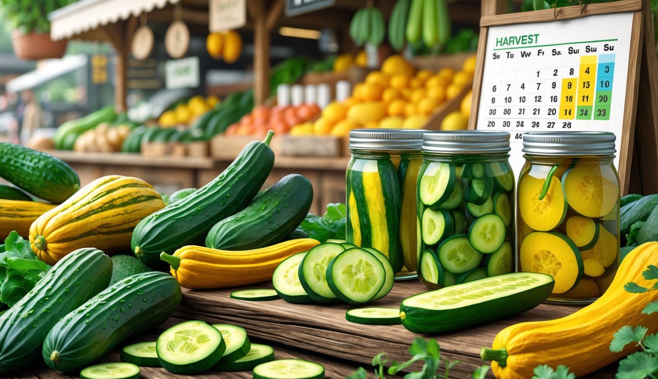 A market scene showing cucumbers and squash whole and sliced on a table with jars of pickled vegetables, a calendar indicating harvest times, and a grocer's stall with fresh produce.