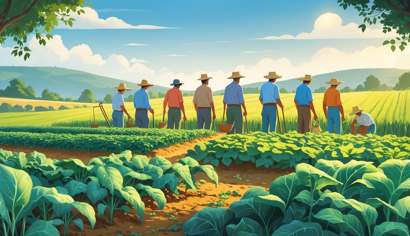 Farmers examining healthy crops in a bright, peaceful farm field with rolling hills in the background.
