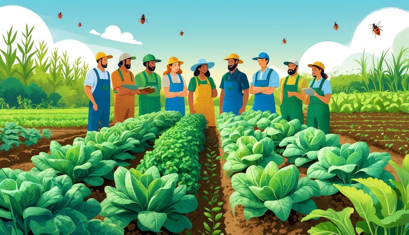 Farmers examining healthy, pest-free crops in a thriving field, surrounded by beneficial insects and natural elements.