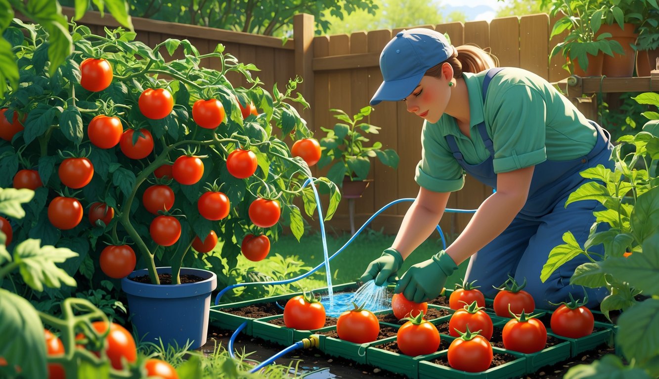 A gardener watering thriving tomato plants in a backyard garden using a drip irrigation system, with ripe tomatoes and gardening tools visible.