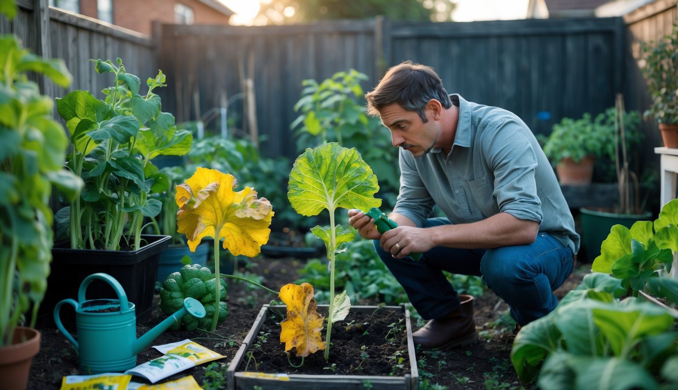 A person in a backyard garden looking concerned while examining a wilted vegetable plant surrounded by various vegetables and gardening tools.