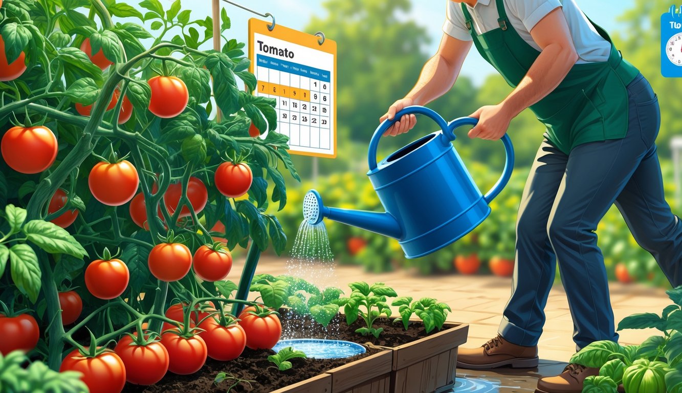 A gardener watering healthy tomato plants in a sunny garden with ripe tomatoes and a calendar and clock in the background indicating a watering schedule.