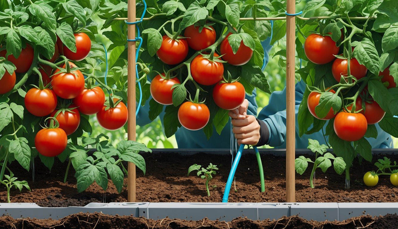 A gardener watering healthy tomato plants in a garden using an efficient watering method, showing thriving tomatoes and well-maintained soil.