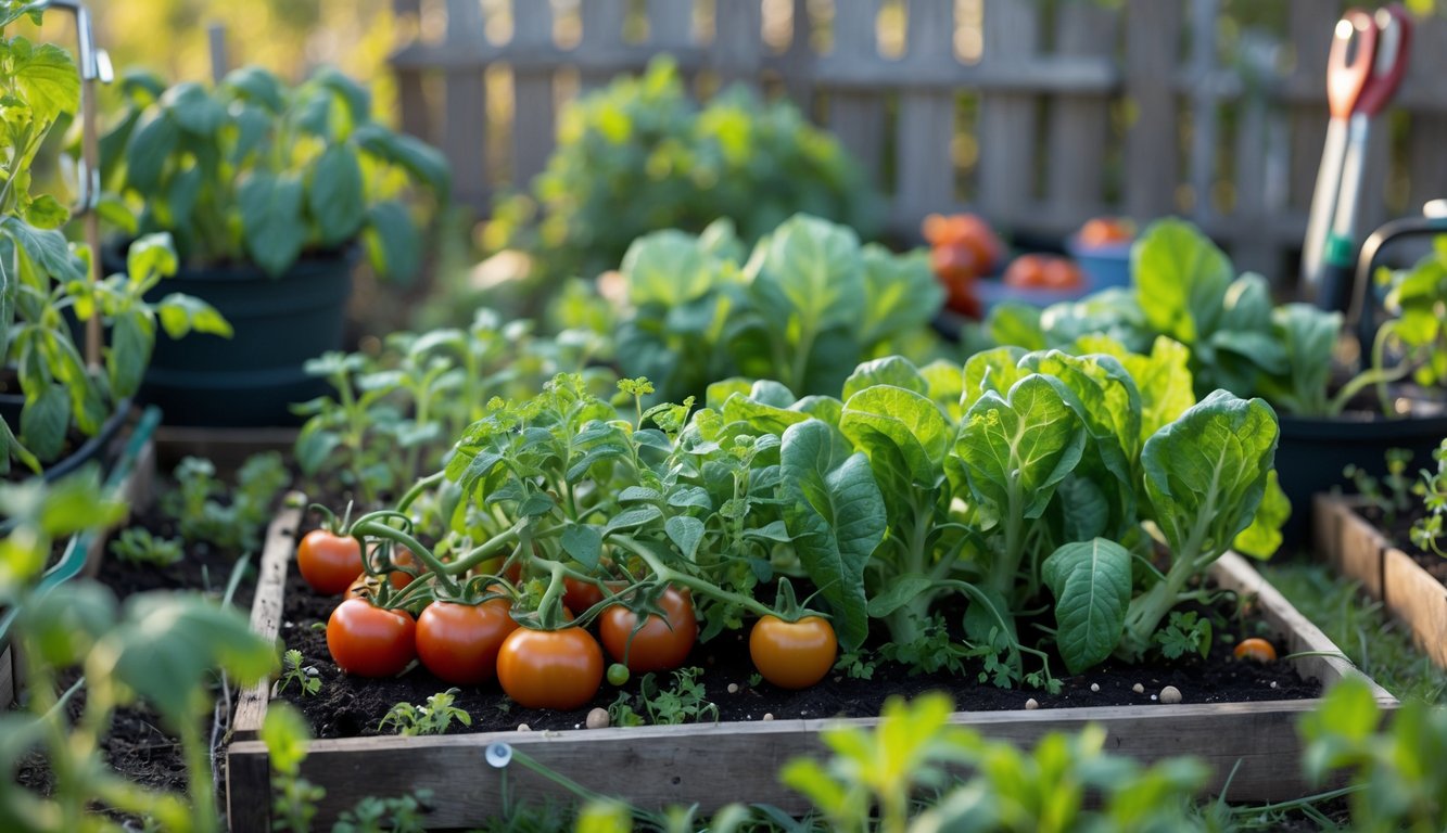 A small vegetable garden with overcrowded and poorly spaced plants showing signs of struggle and wilting.