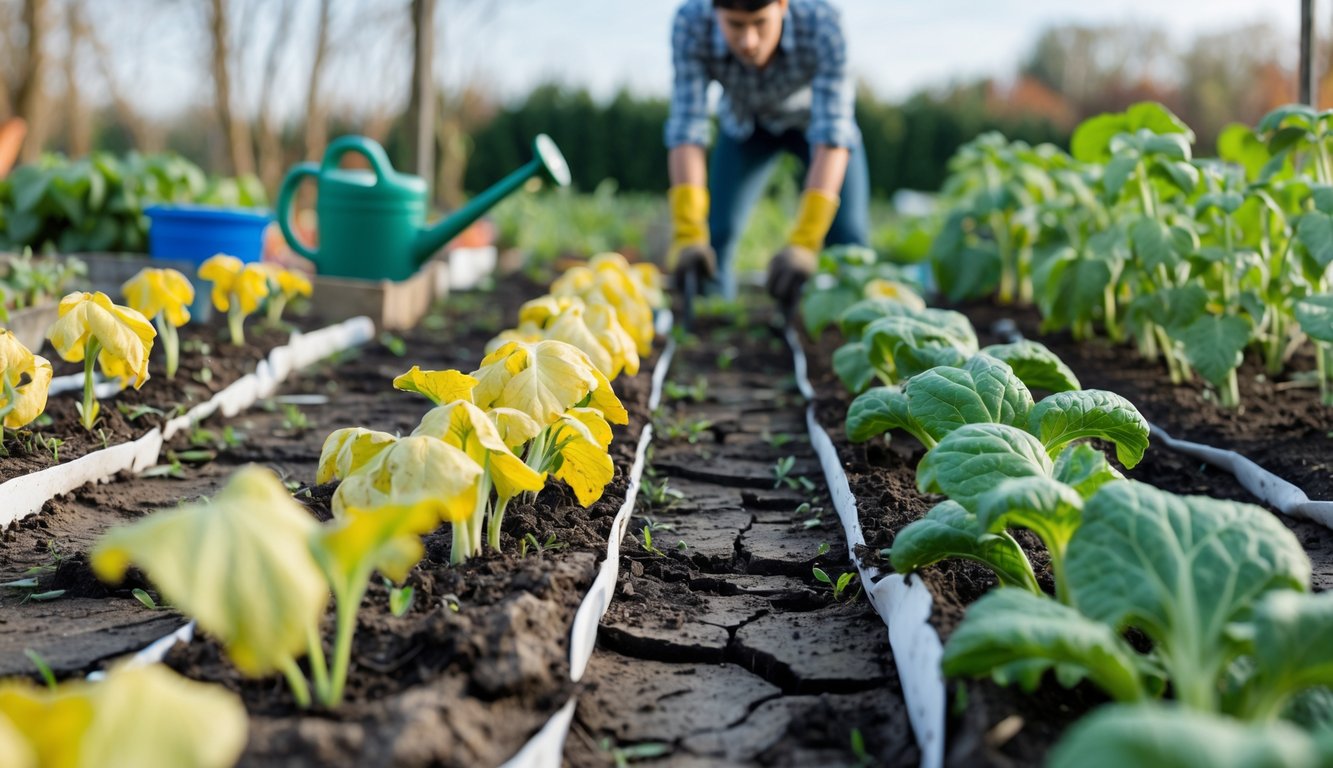 A young gardener looking concerned at wilting vegetable plants in a small garden with dry soil and gardening tools nearby.