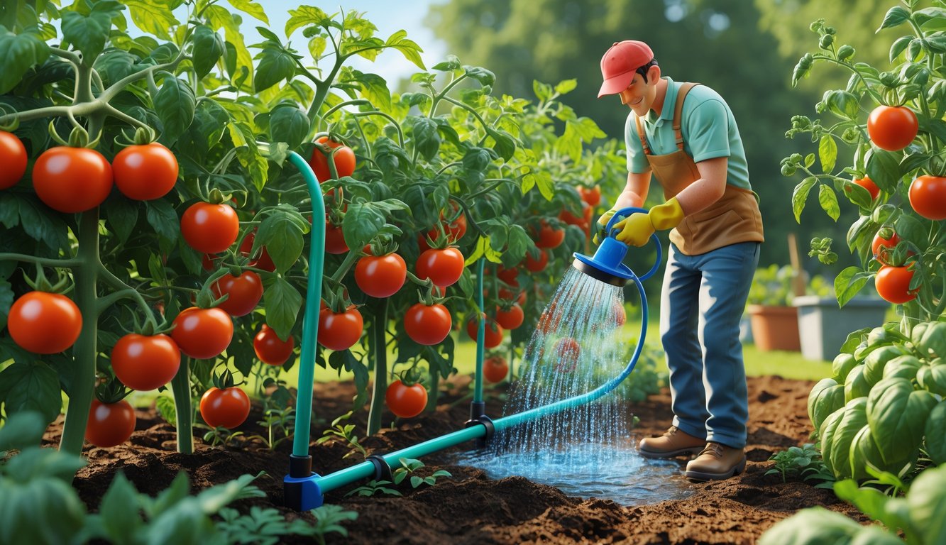 A gardener watering healthy tomato plants with ripe tomatoes in a sunny garden using a special watering tool.