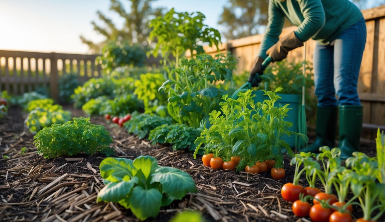 A gardener weeding and mulching a backyard vegetable garden with healthy plants and a wooden fence in the background.