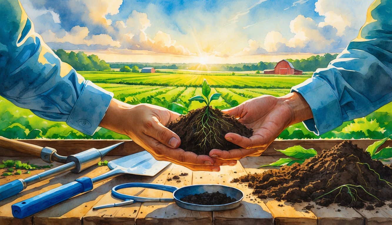 Hands holding a small amount of soil with farming tools on a table and green fields with crops and a barn in the background.