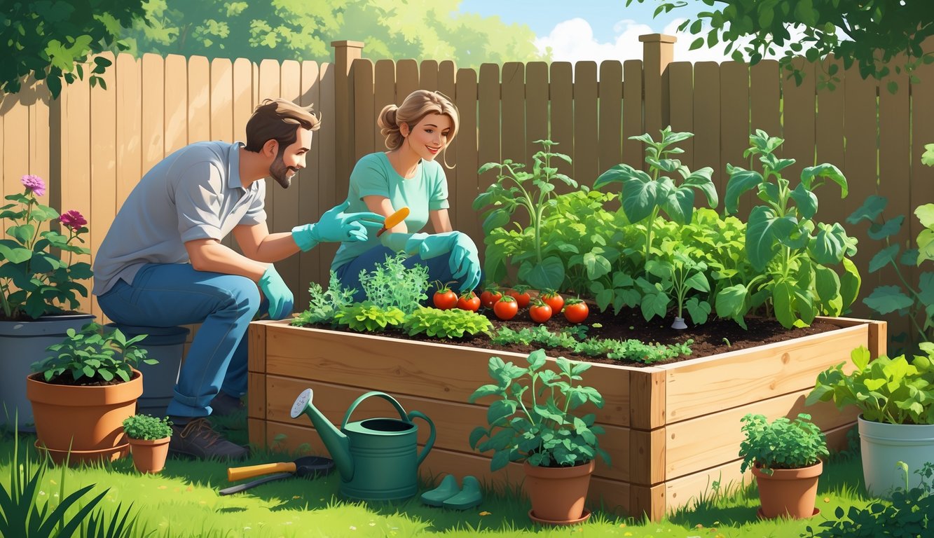 Two gardeners quietly sharing advice next to a wooden raised bed filled with healthy plants in a backyard garden.