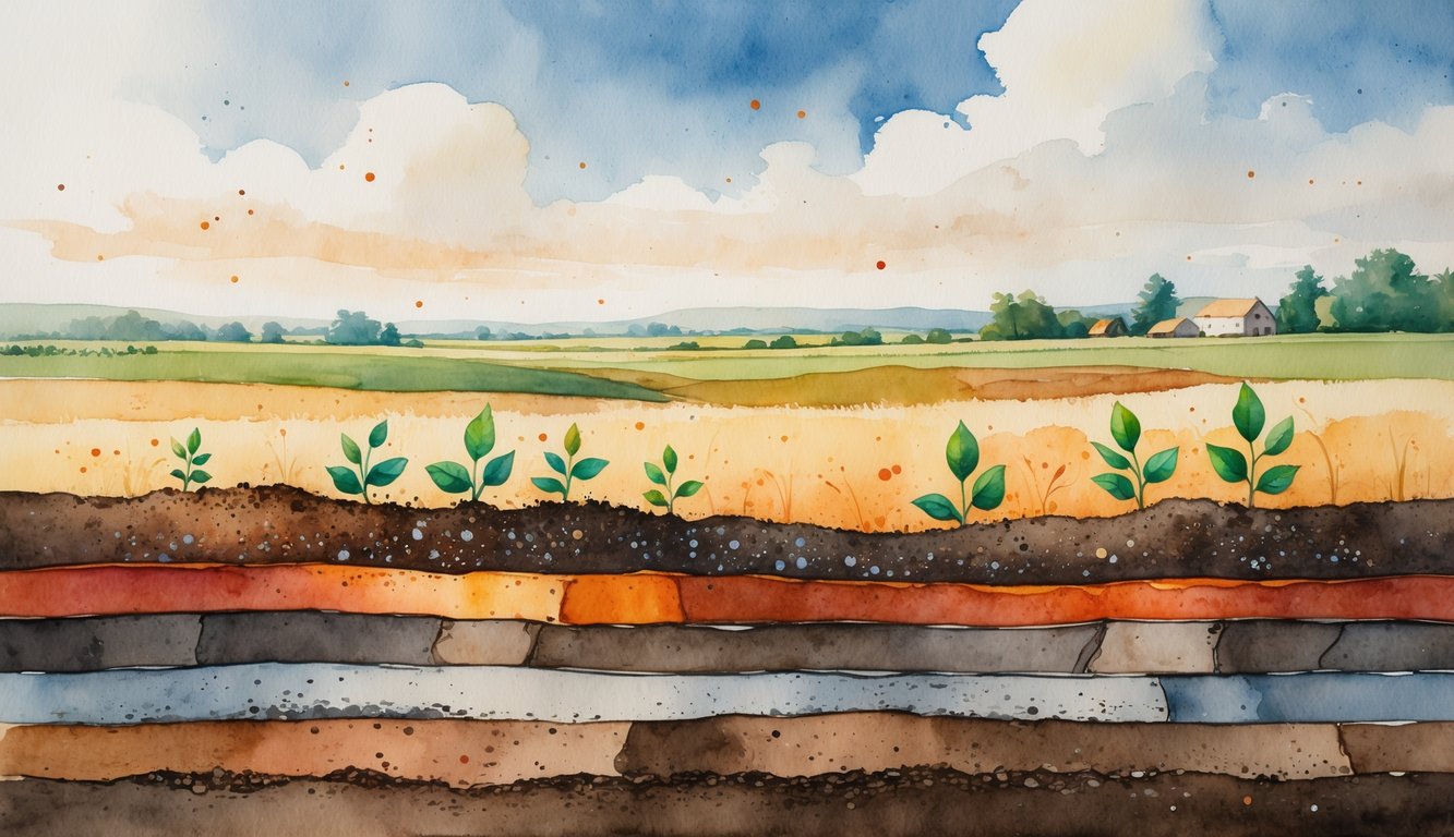 A peaceful agricultural field with healthy plants growing from layered soil, showing different soil textures and colors, with rolling fields and a farmhouse in the distance.