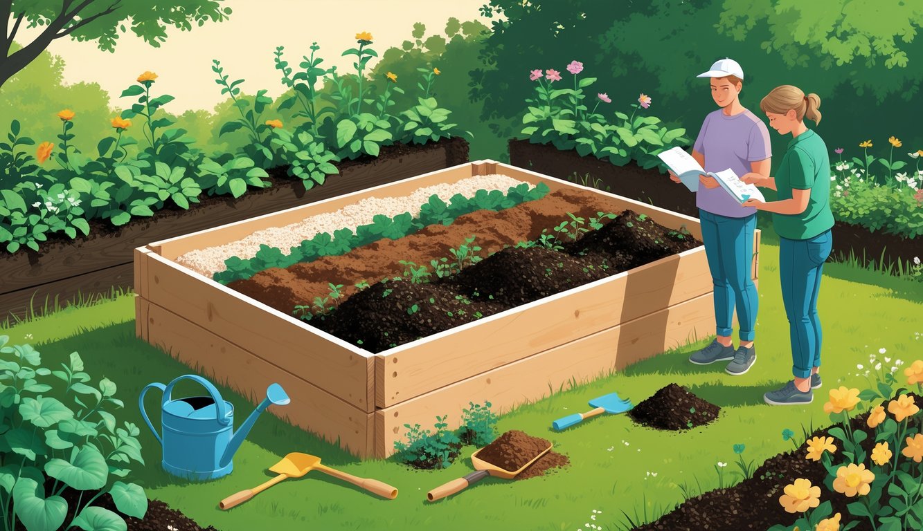 Two people exchanging gardening advice next to a wooden raised bed filled with layered soil mix in a peaceful garden setting.