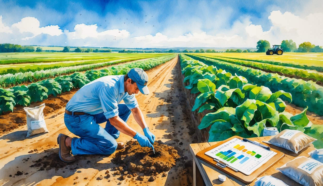 A person collecting soil samples in a farm field with crops, farming tools, and a tractor nearby.