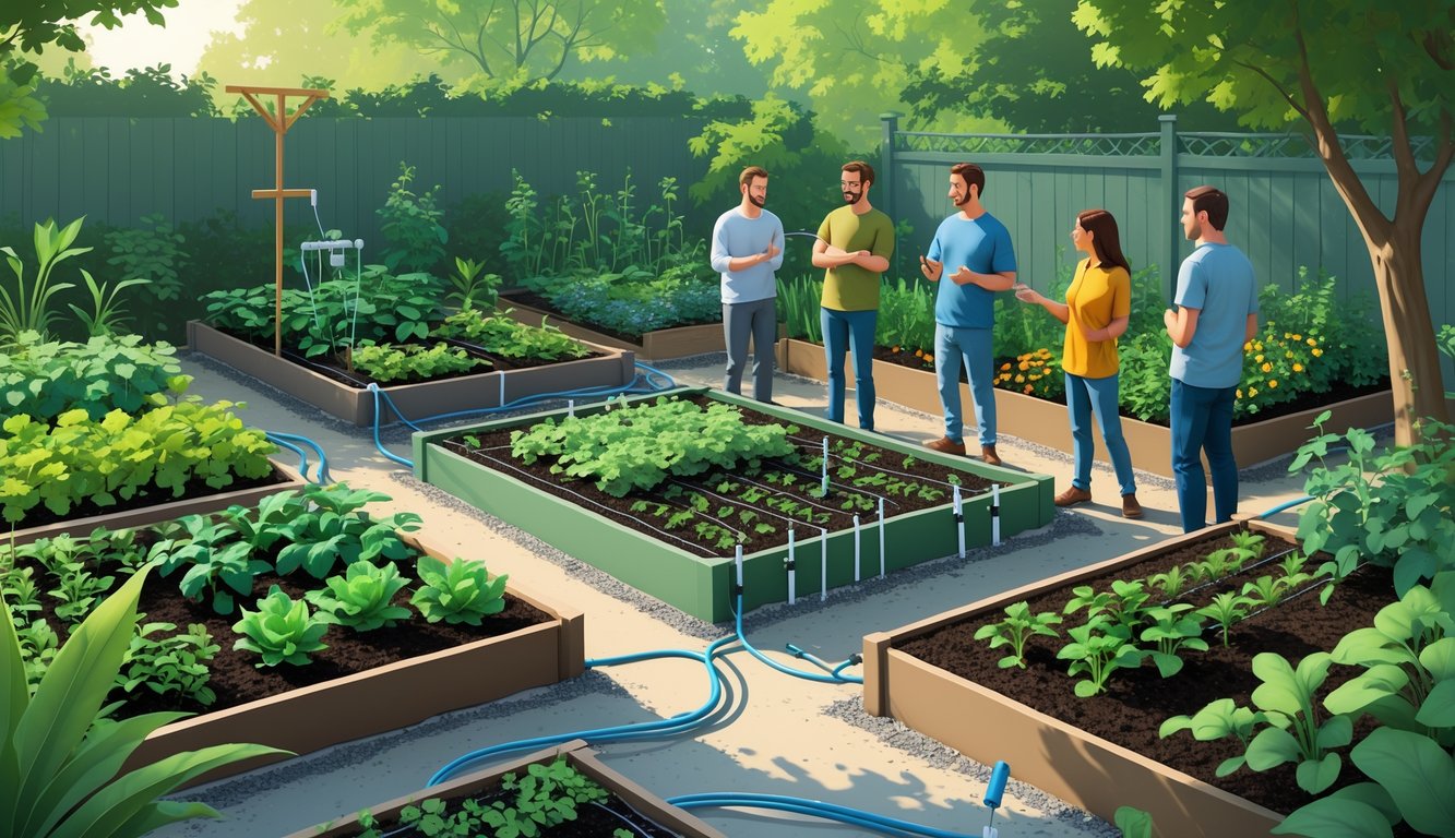 Gardeners discussing watering and drainage setups next to raised garden beds with irrigation systems in a peaceful garden.