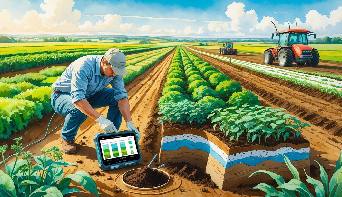 A person collecting soil samples in a field with crops and farming machinery in the background, showing soil layers and plants beneath the ground.