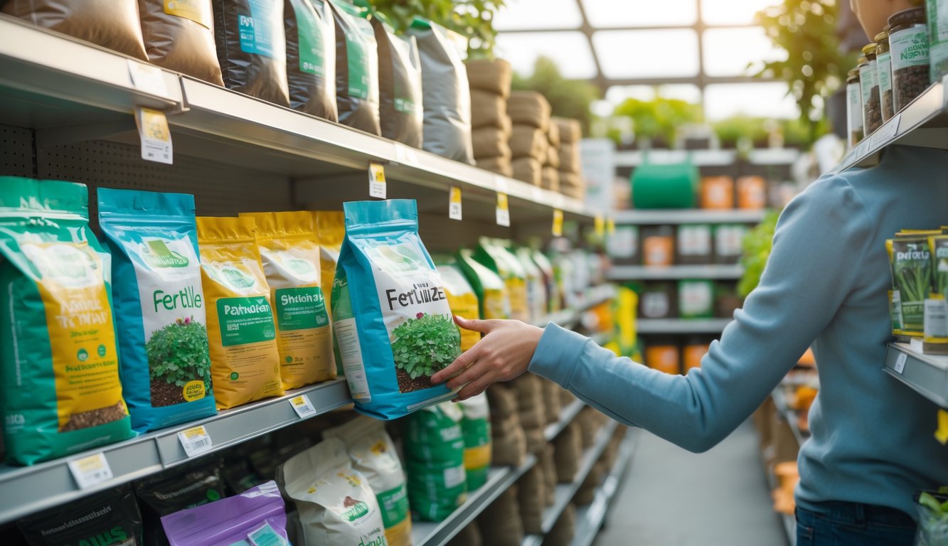 A shopper reaching for a bag of fertilizer on a well-stocked garden supply store shelf.