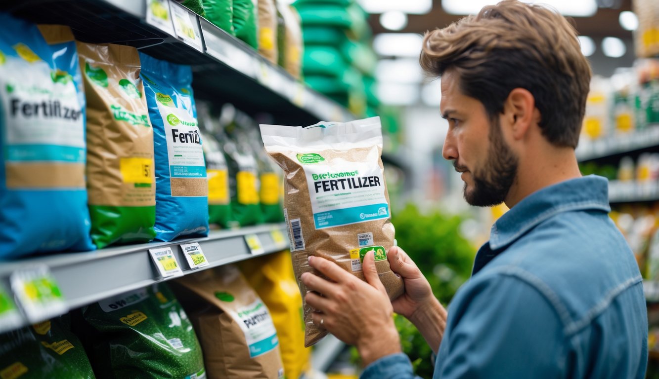 A customer examining a bag of fertilizer on a store shelf filled with gardening supplies.