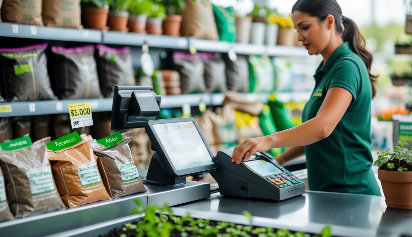 A cashier scanning bags of fertilizer at a garden supply store checkout with shelves of gardening products in the background.