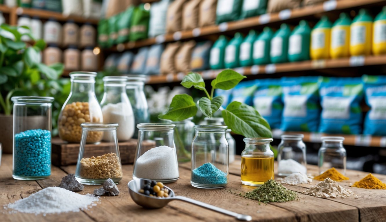 Close-up of raw materials in glass containers on a wooden table with blurred fertilizer products on shelves in the background.