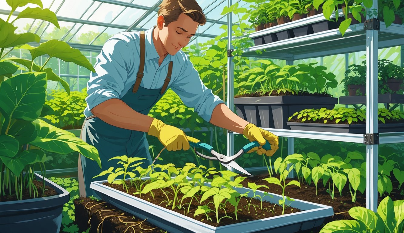 An experienced gardener propagating healthy plants in a greenhouse with seedlings and gardening tools.