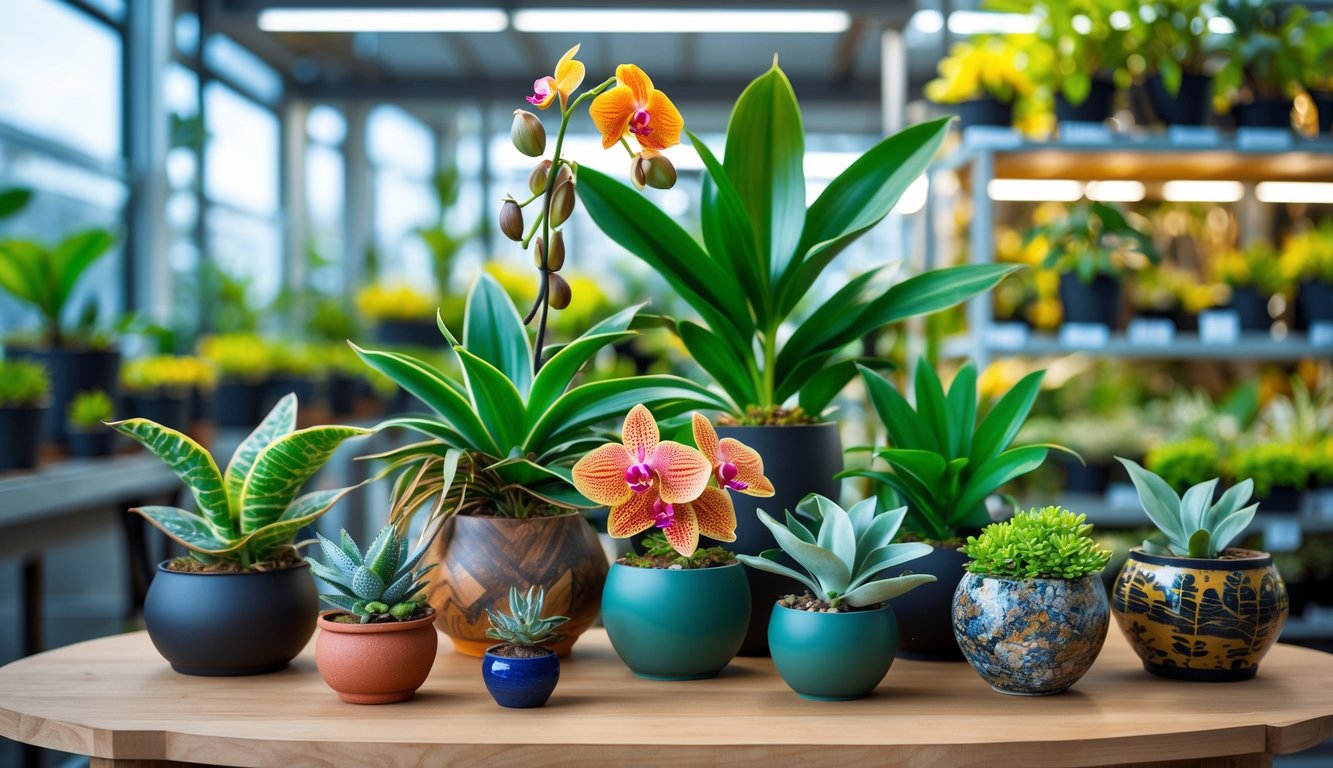 Close-up of rare and colorful plants displayed on a wooden table in a bright indoor plant shop.