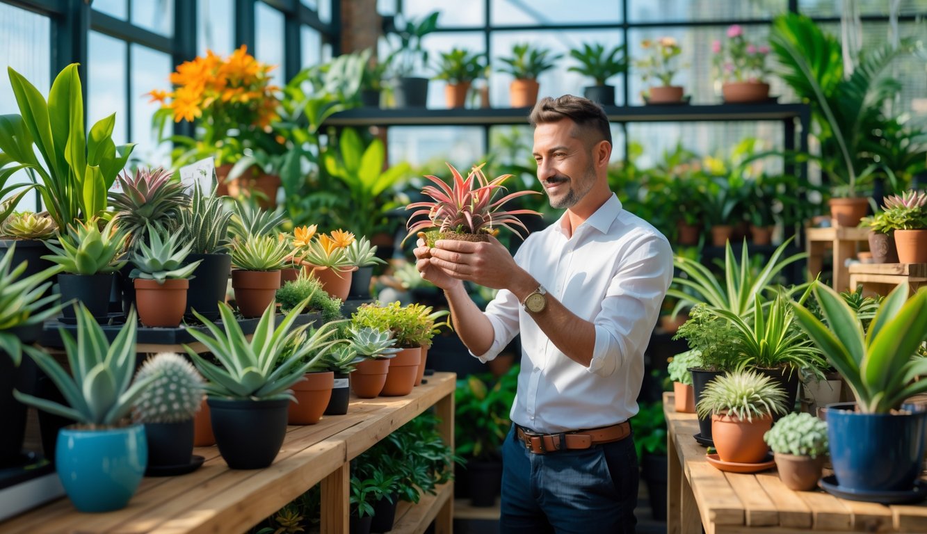 A person examining a rare plant surrounded by various exotic plants inside a bright indoor plant shop.