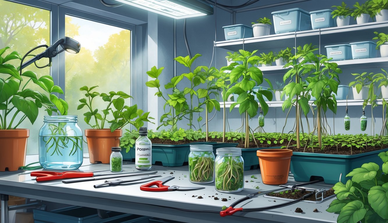 A detailed scene showing experienced growers propagating plants indoors with cuttings, seedlings, and grafted plants surrounded by gardening tools and grow lights.