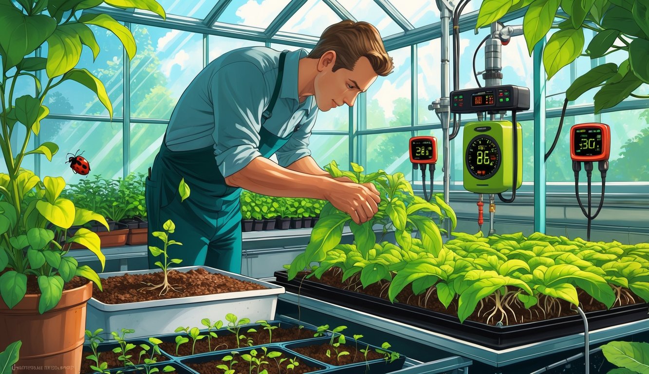 A grower tending to healthy plants in a greenhouse with seedlings, watering system, and devices showing temperature and humidity.