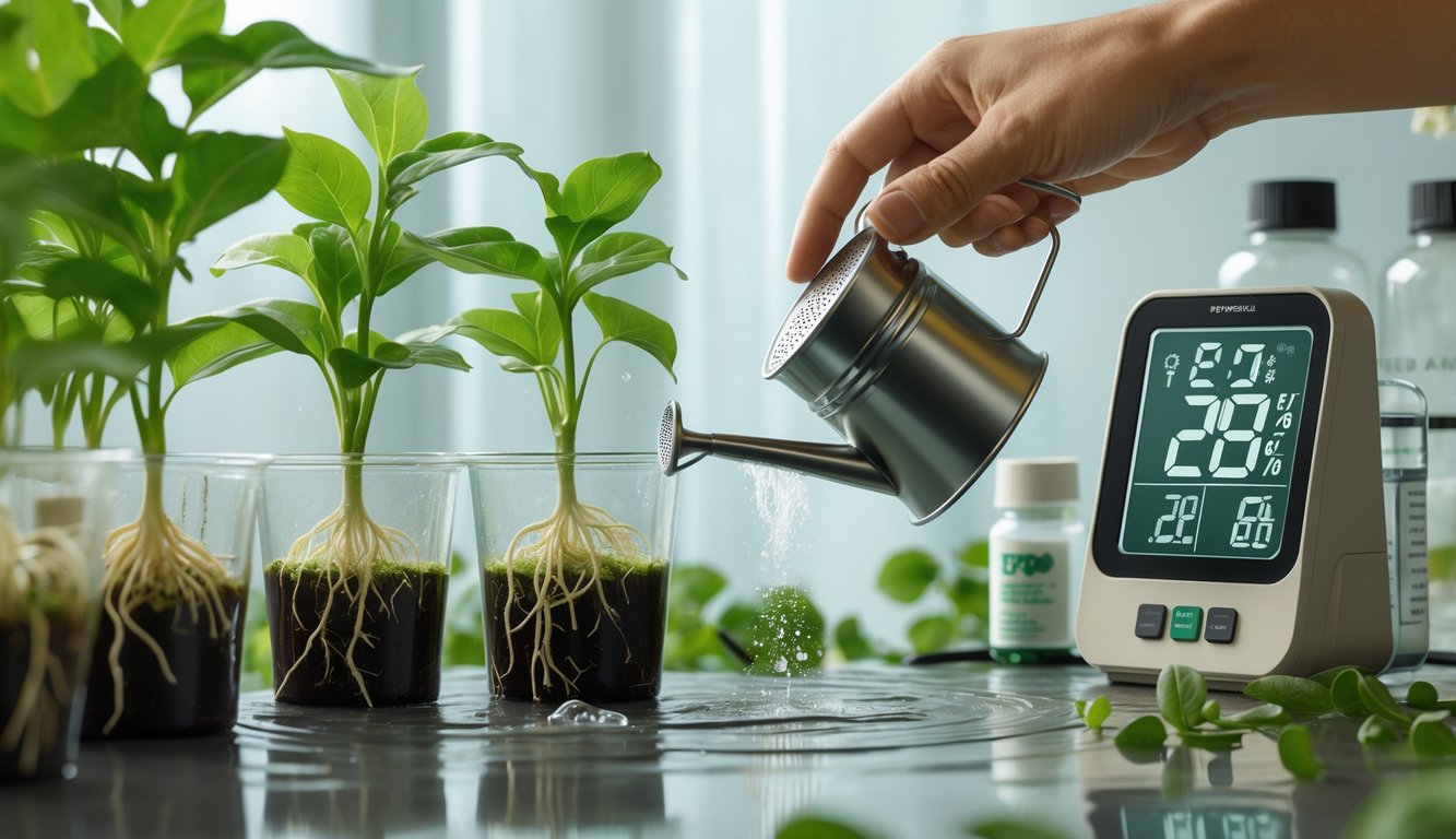 Close-up of young plant cuttings being carefully watered and maintained in a controlled indoor gardening setup with visible roots and humidity control.