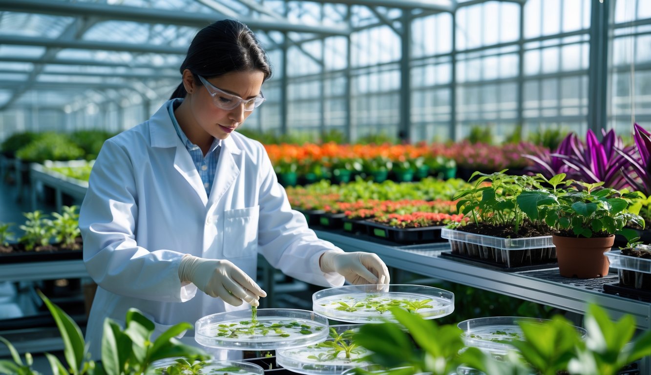 Scientist working with plant tissue cultures in a lab with a greenhouse full of rare plants in the background.
