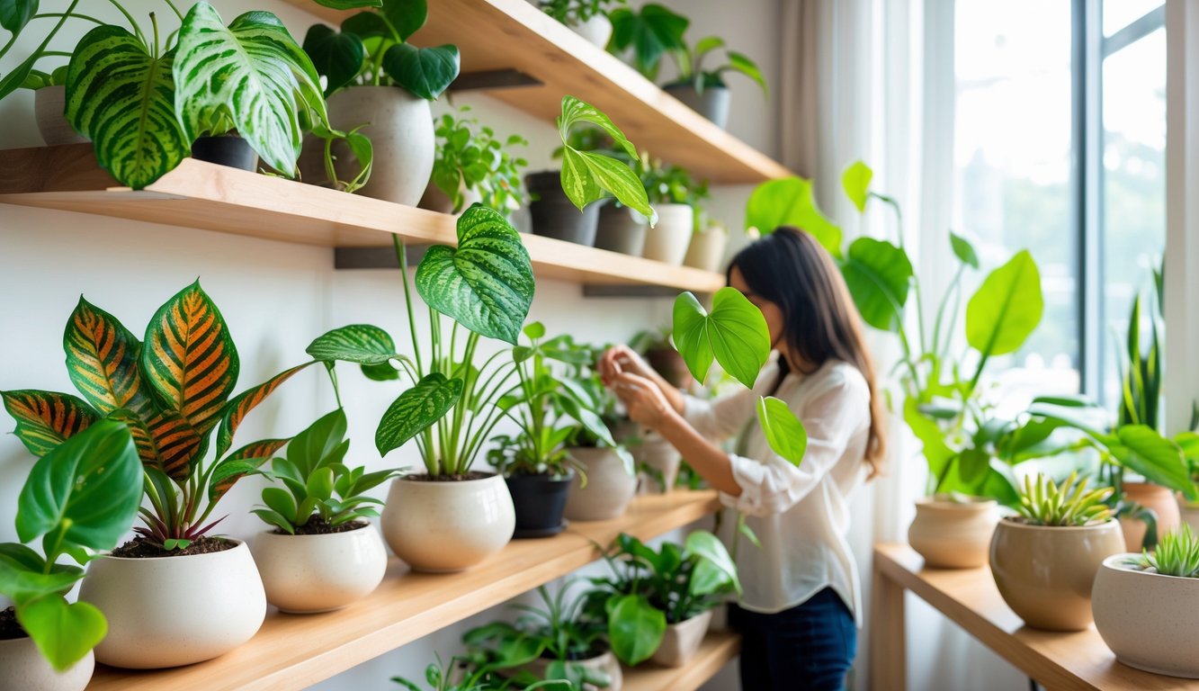 A person carefully tending to a variety of rare and unusual houseplants displayed on shelves in a bright indoor space.