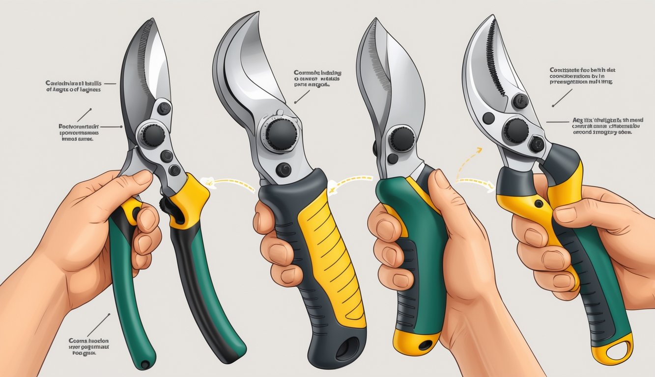 Several pruners with different ergonomic handle designs being held by a hand showing proper grip to reduce hand strain.