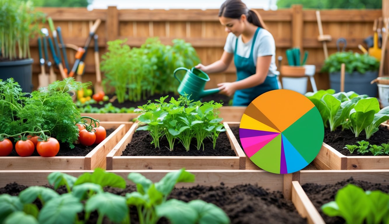 A home vegetable garden with healthy plants growing in raised beds and a gardener watering them, with a visual representation of nutrient ratios integrated into the soil area.