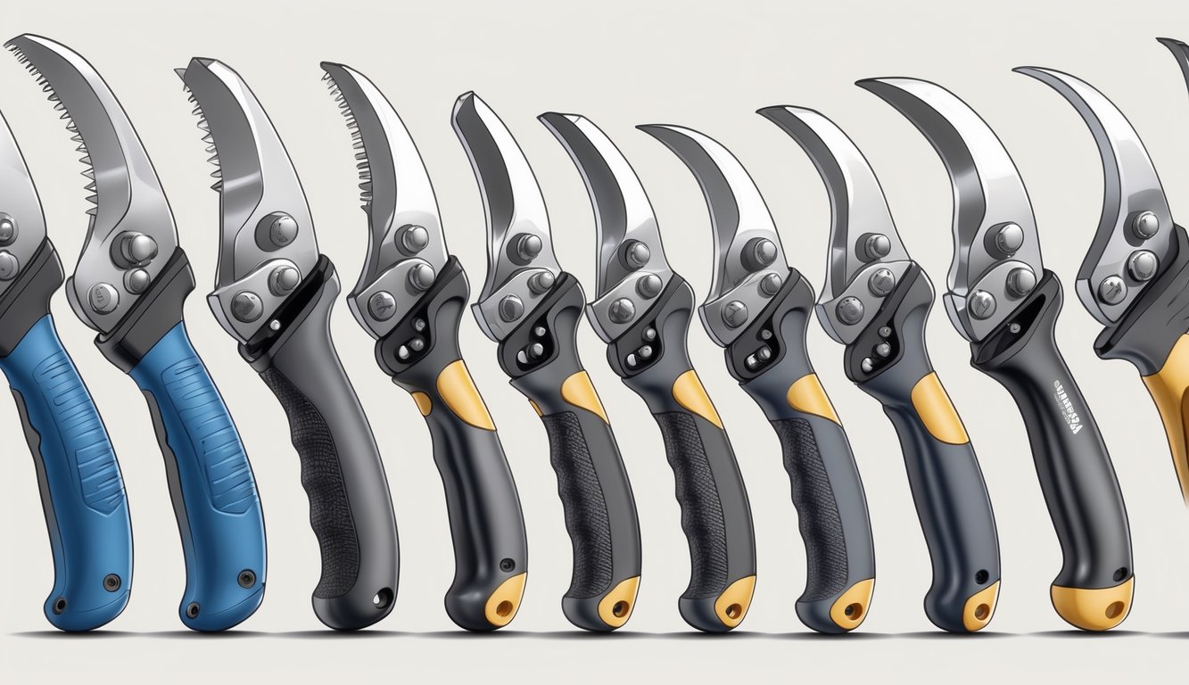 Illustration of several pruner handles highlighting ergonomic features designed to reduce hand strain.