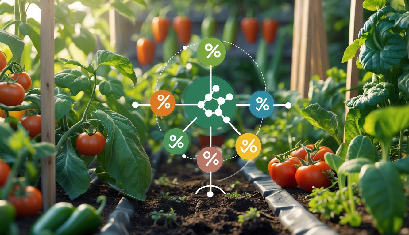 A thriving home vegetable garden with healthy plants and an overlay showing icons representing important secondary nutrients and their balanced relationships.