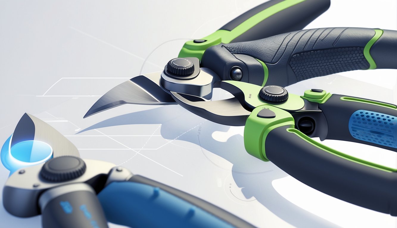 Close-up view of ergonomic pruner handles designed to reduce hand strain, showing different shapes and grip materials.