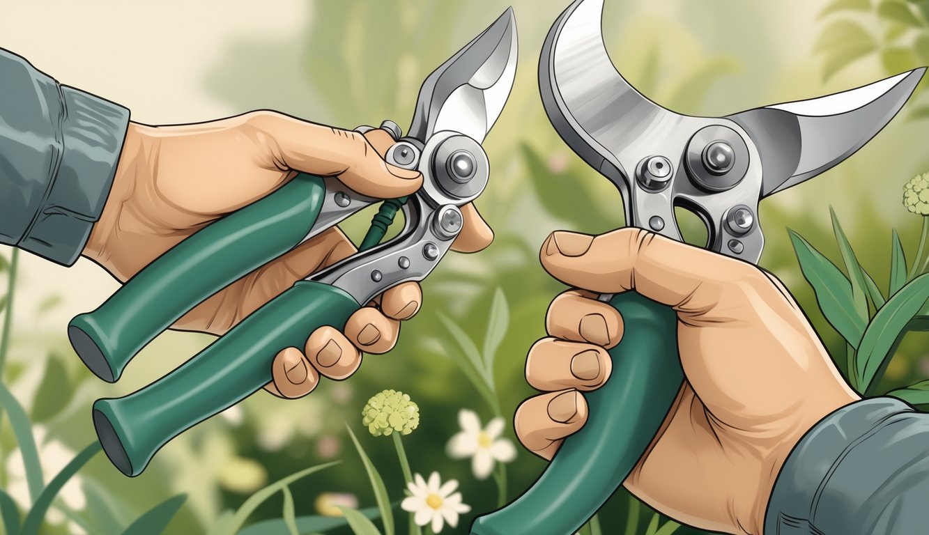 Close-up of a hand comfortably holding ergonomic pruner handles in a garden setting with plants and flowers.