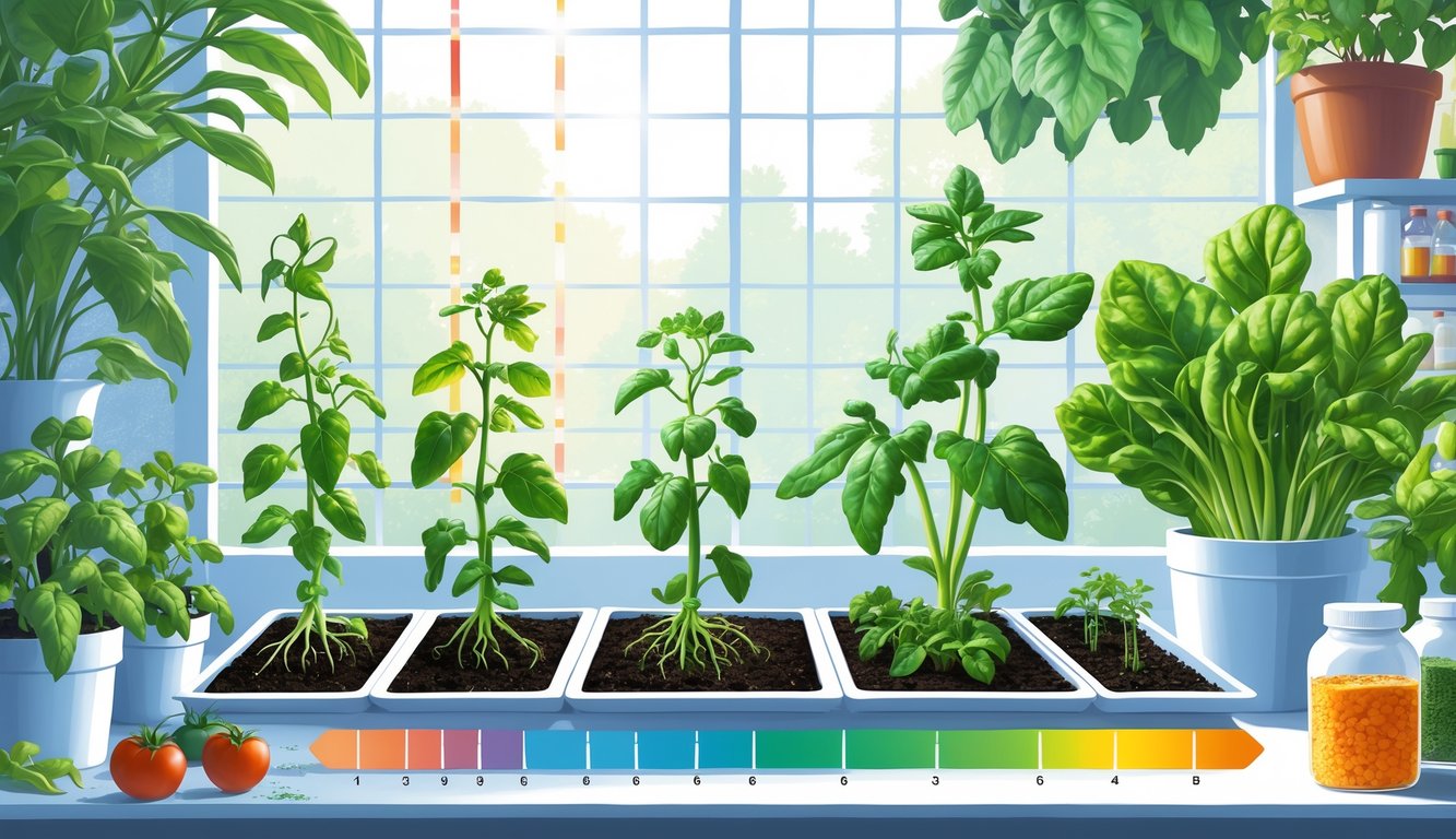 An indoor garden scene showing home vegetable plants at various growth stages with visual elements representing nutrient adjustments for better growth.
