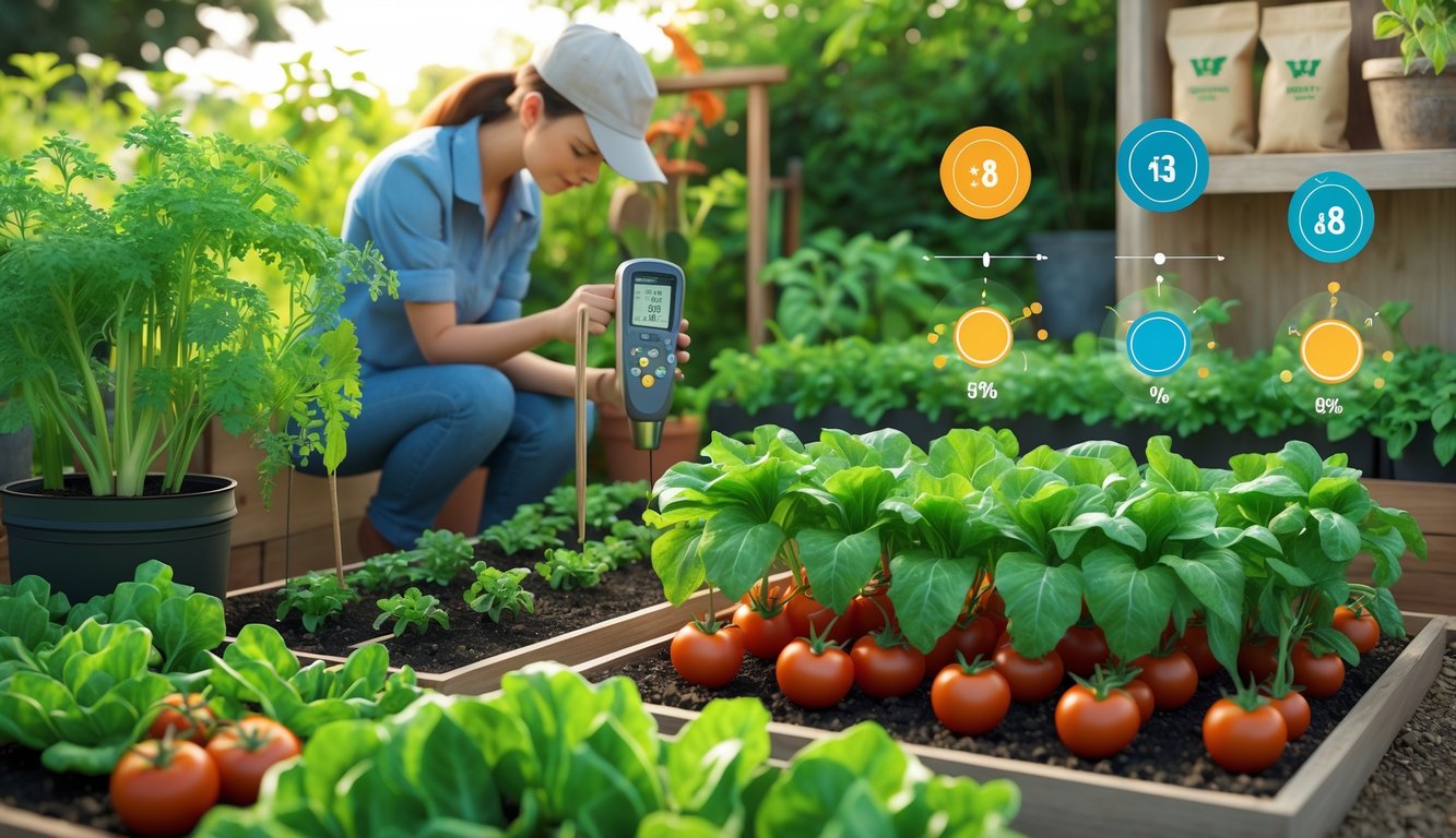 A gardener examining plants in a home vegetable garden with healthy vegetables and tools nearby, surrounded by icons representing balanced plant nutrients.