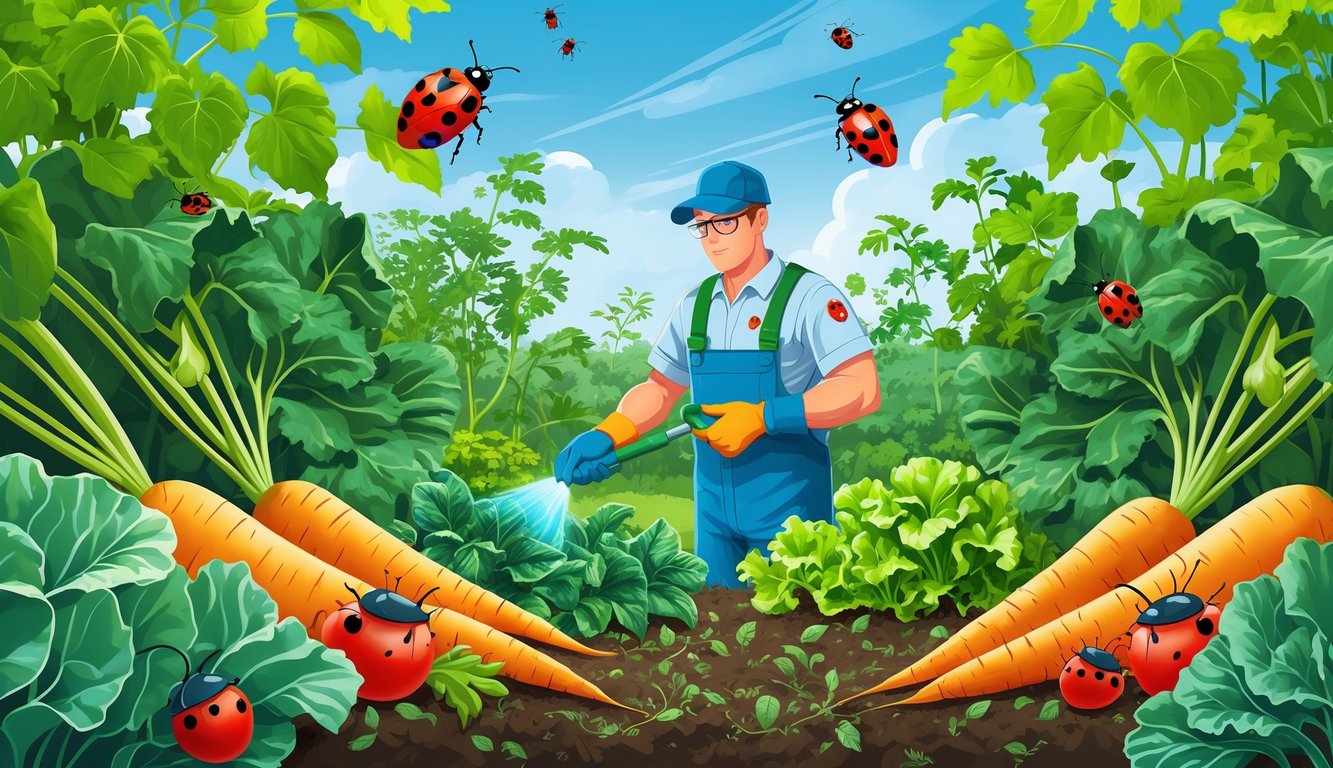 A gardener in protective clothing applying natural pest control in a healthy vegetable garden with thriving plants and beneficial insects.