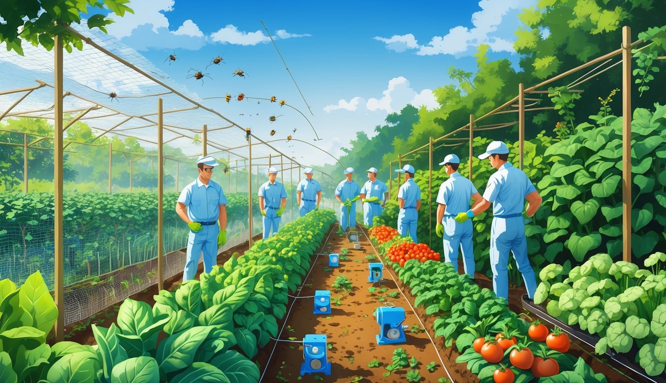 A garden with healthy crops protected by mesh netting and mechanical traps, with exterminators inspecting and setting up pest control devices.