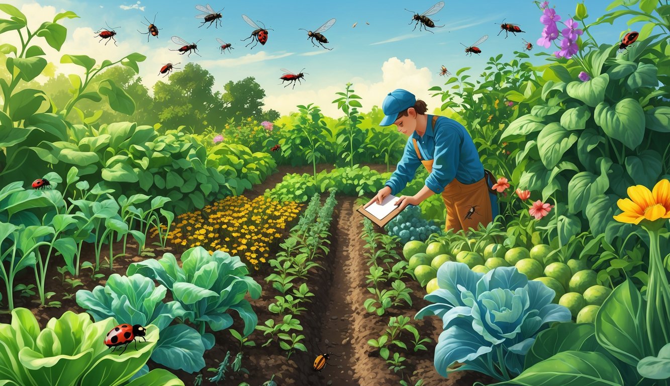 A gardener observing beneficial insects controlling pests among healthy plants in a thriving garden.