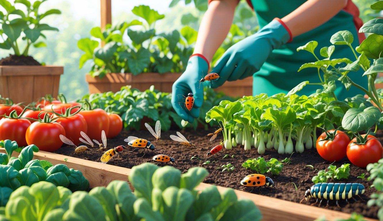 A garden with healthy crops being naturally protected by beneficial insects and a gardener inspecting the plants.