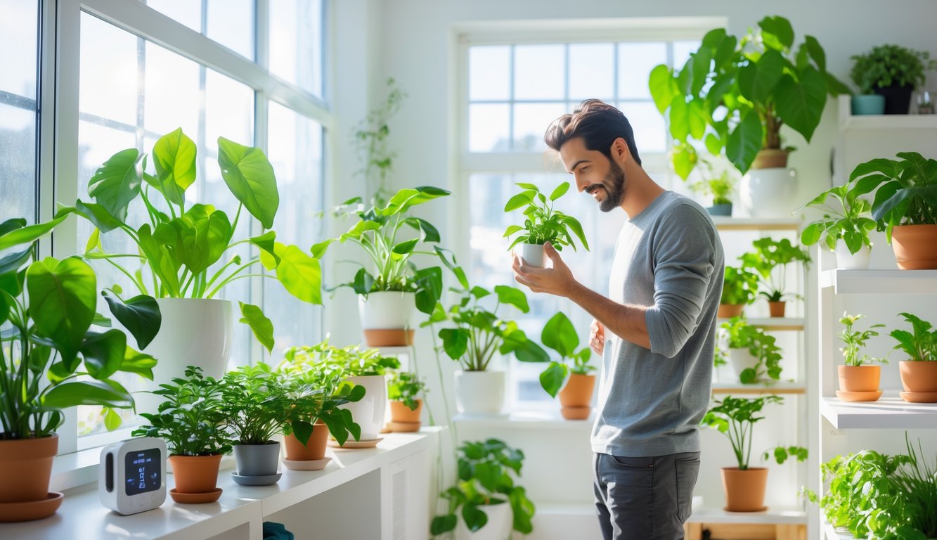 A person examining a potted plant in a bright living room filled with various healthy houseplants and natural sunlight.